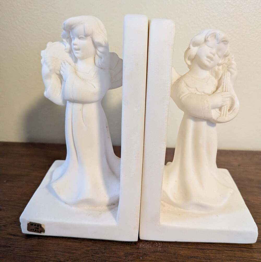 Vintage Italian Carved Alabaster Angel Bookends Made in Italy Repaired See Photo